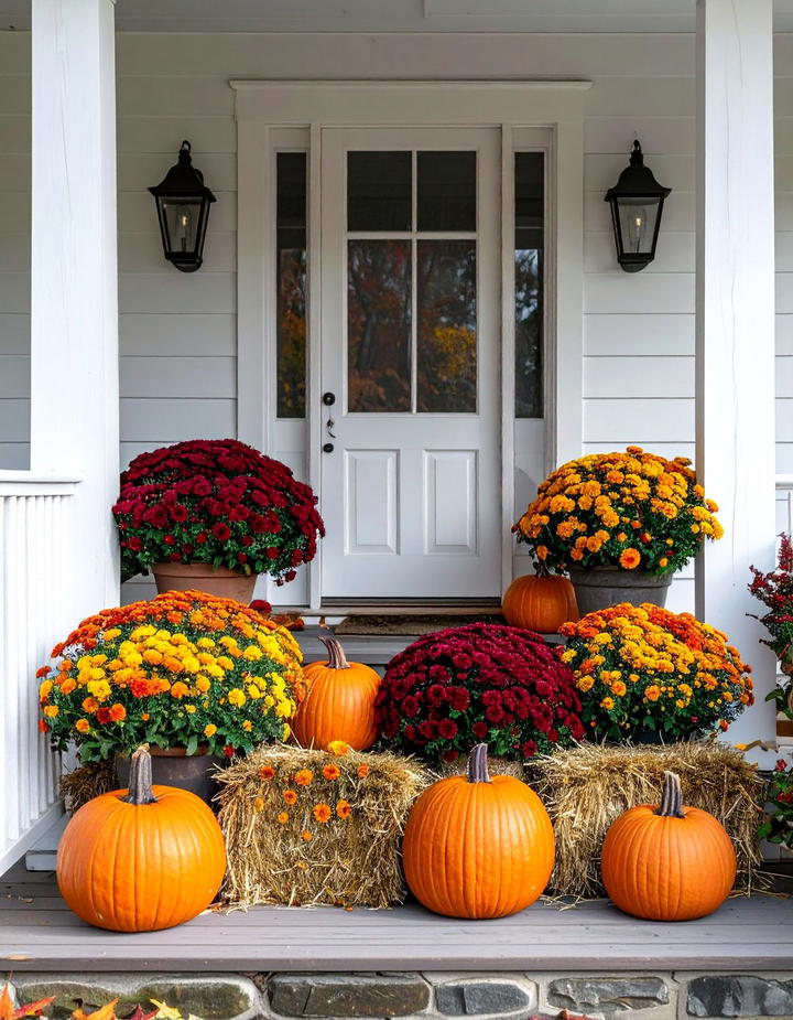 Farmhouse Pumpkin and Mum Porch Arrangement - 50 fall pumpkin decor ideas