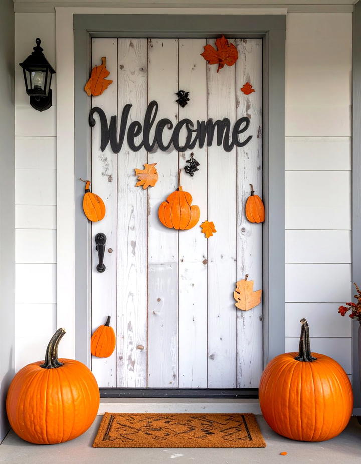Farmhouse Wooden Welcome Sign with Pumpkins - 50 wooden fall decor ideas