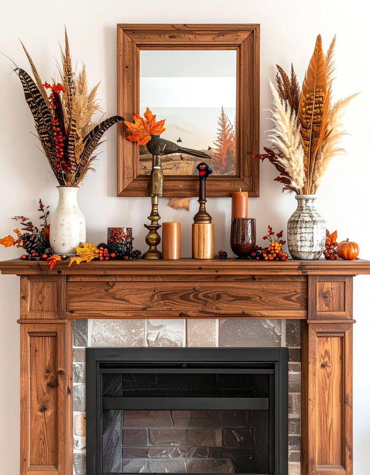 Feather and Pheasant Mantel Theme - 50 fall mantel decor ideas