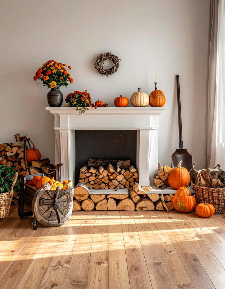 Firewood Stack Display - 50 fall fireplace decor ideas
