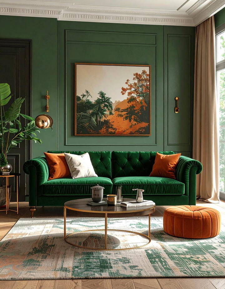 Forest Green Velvet Sofa - 50 living room fall decor ideas