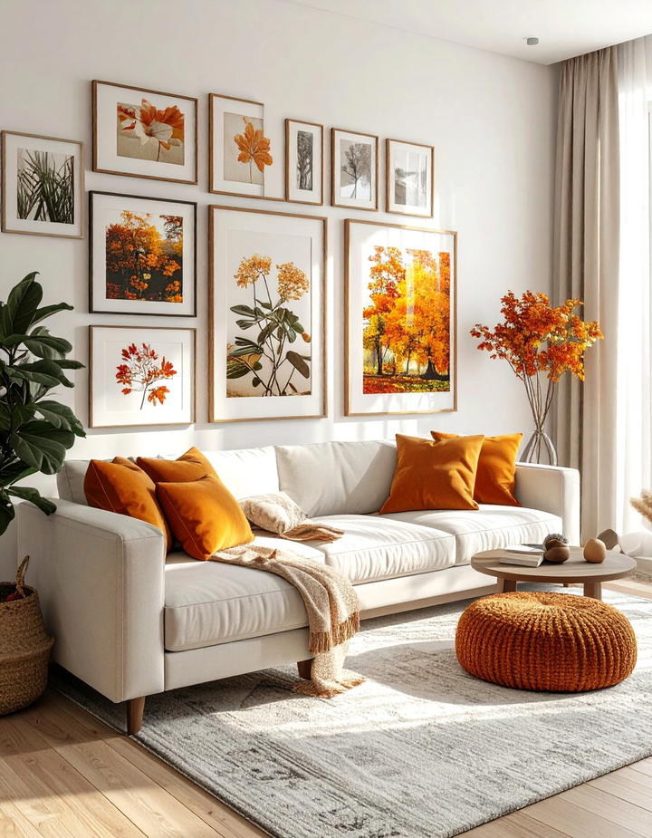 Gallery Wall With Autumn Art - 50 living room fall decor ideas