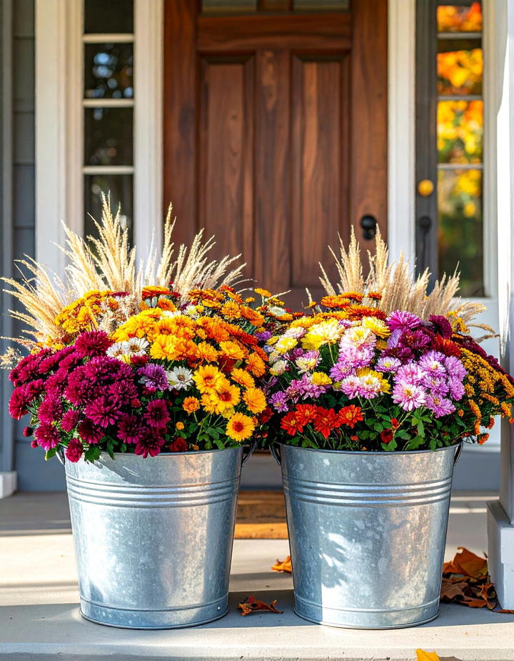 Galvanized Metal Container Florals - 50 fall front door decor ideas