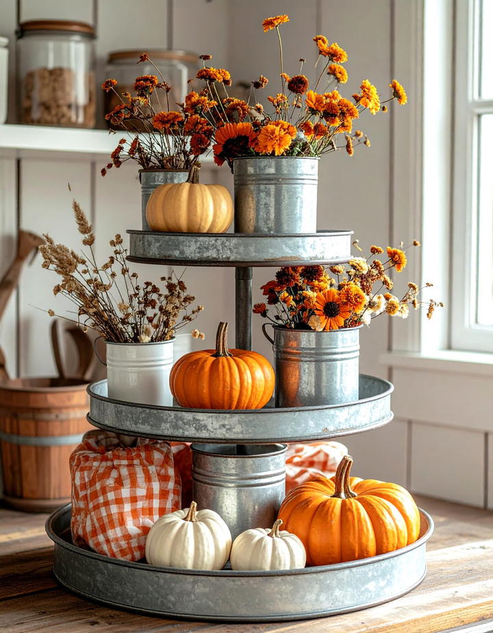 Gingham and Galvanized Combination - 50 fall tiered tray decor ideas