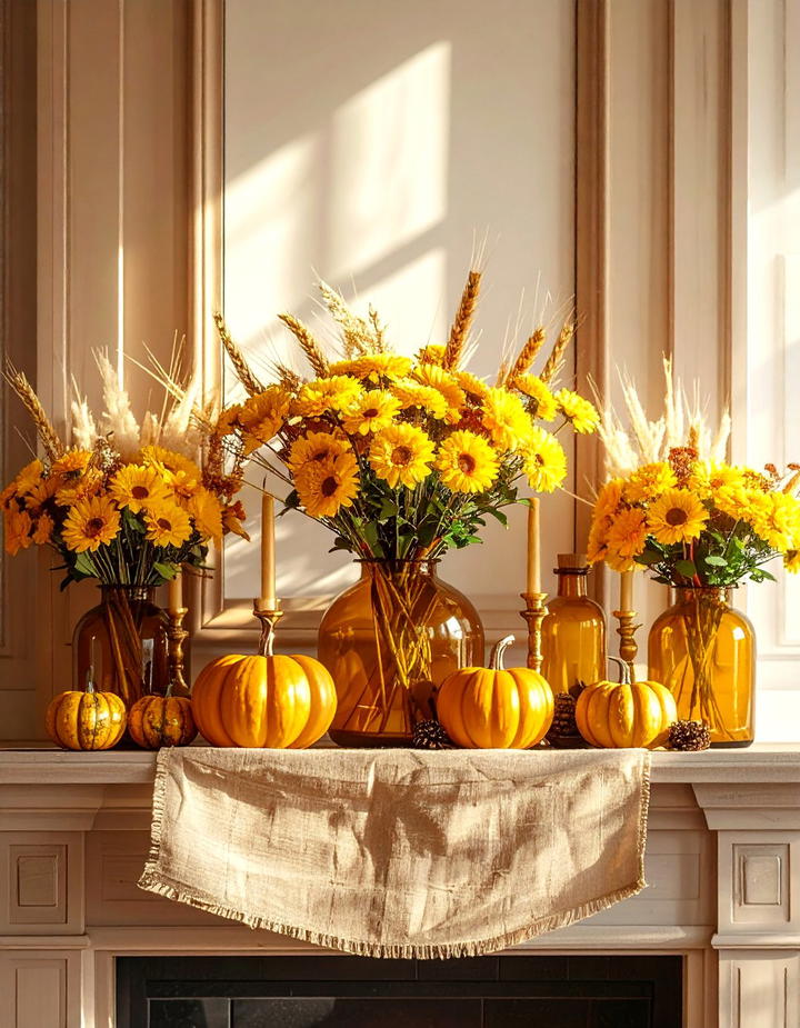 Golden Harvest Mantel - 50 fall fireplace decor ideas