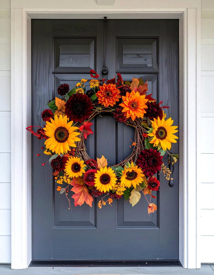 Grapevine Wreath Fall Florals - 50 fall front door decor ideas