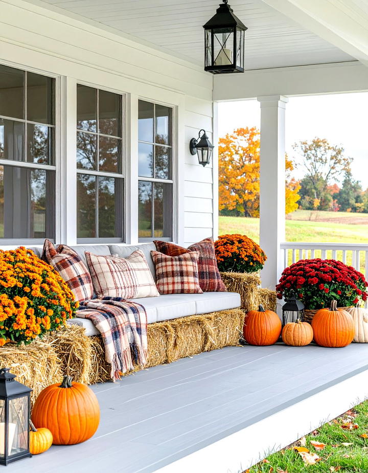 Hay Bale Seating Area - 50 modern fall porch decor ideas