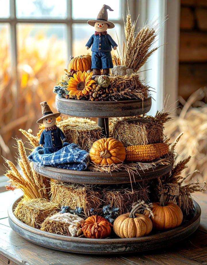 Hay Bale and Scarecrow - 50 fall tiered tray decor ideas