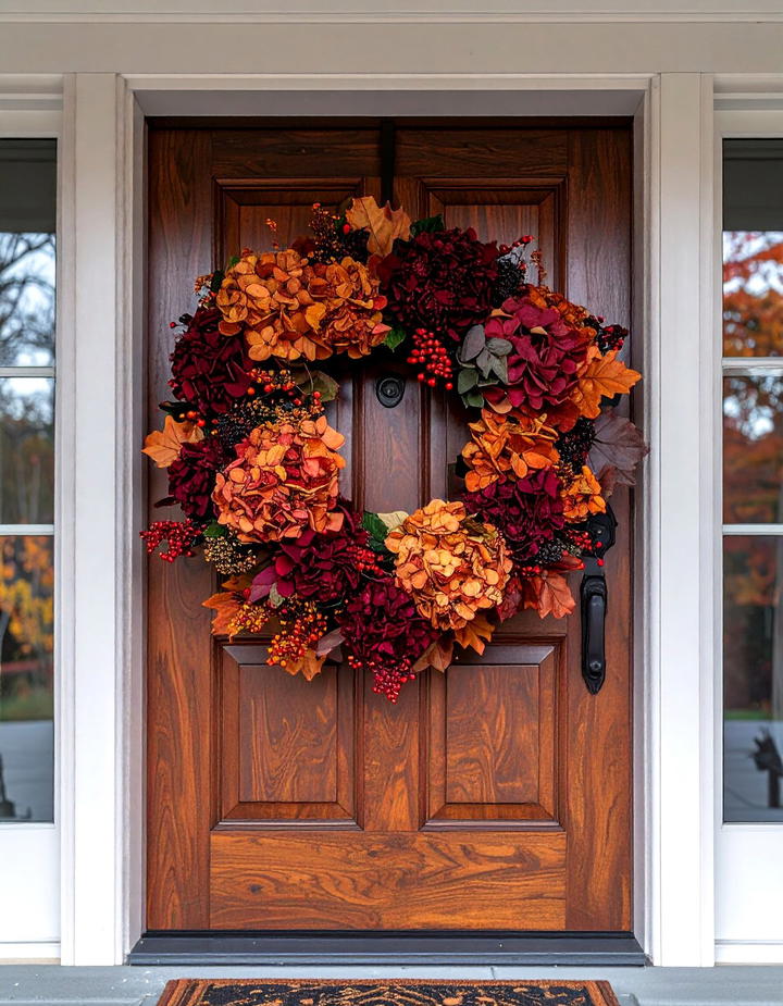 Hydrangea Fall Wreath Display - 50 fall front door decor ideas