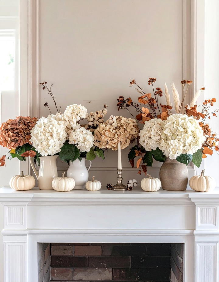 Hydrangea and Cotton Mantel Arrangement - 50 fall mantel decor ideas