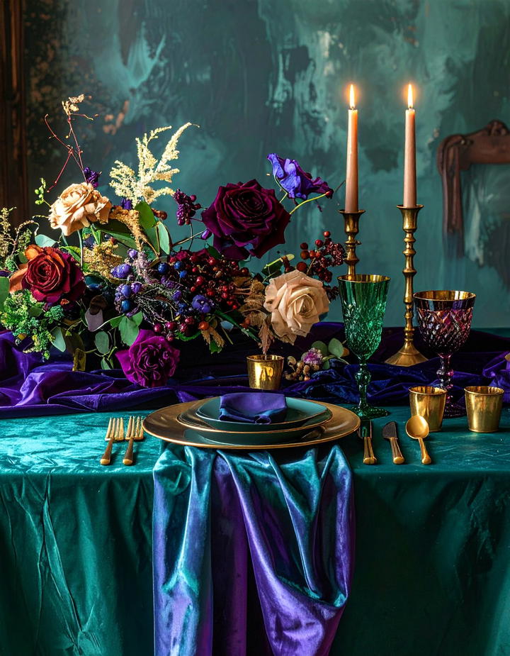 Jewel Tone Table Linens - 50 fall table decor ideas