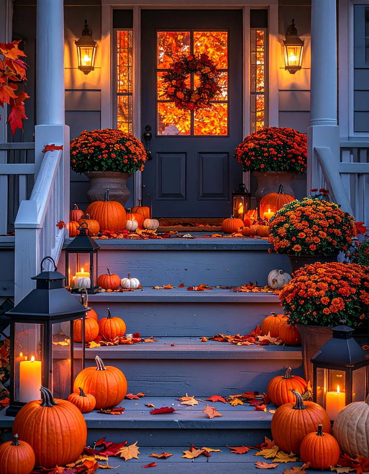 Lantern Pumpkin Display Steps - 50 fall front door decor ideas