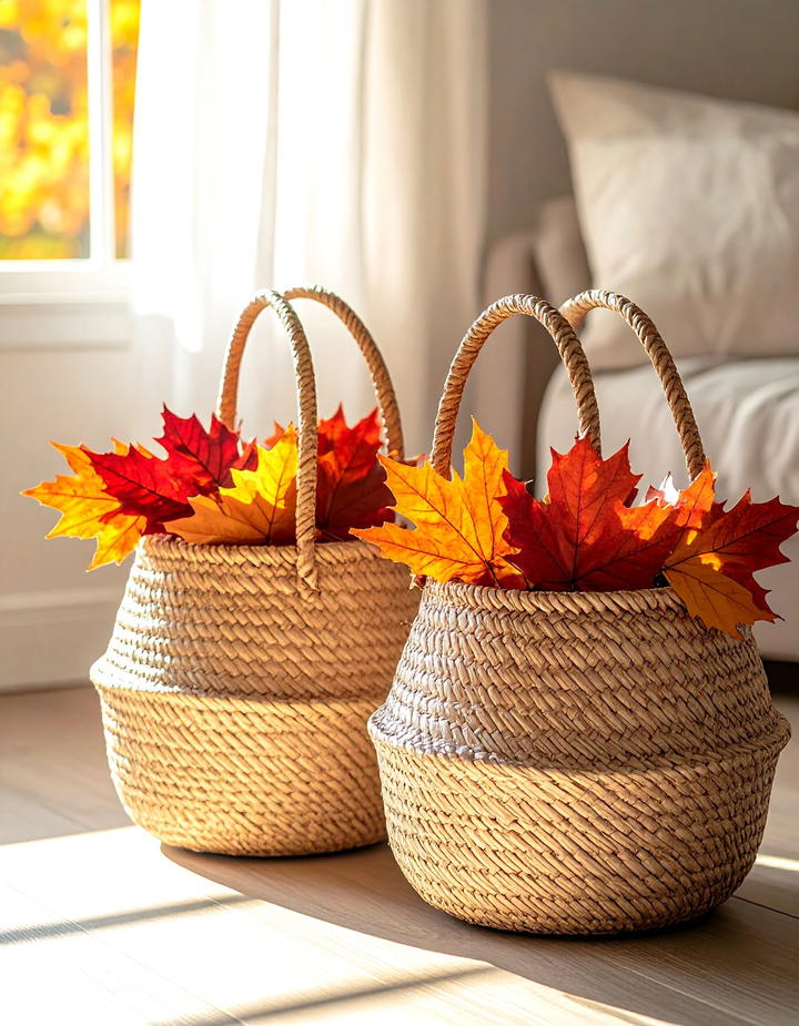 Leaf Adorned Basket Handles - 50 fall leaves decor ideas