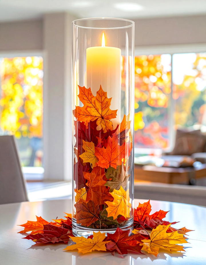 Leaf Filled Glass Hurricane - 50 fall leaves decor ideas