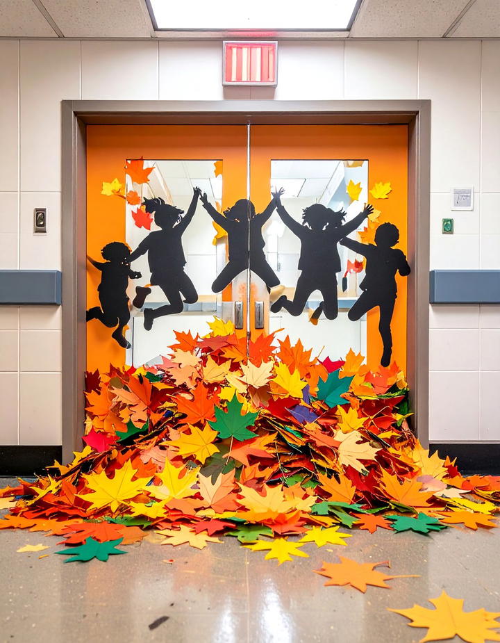 Leaf Pile Jump - 50 fall door decor classroom ideas