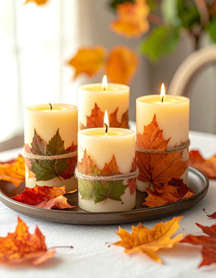 Leaf Wrapped Pillar Candles - 50 fall leaves decor ideas