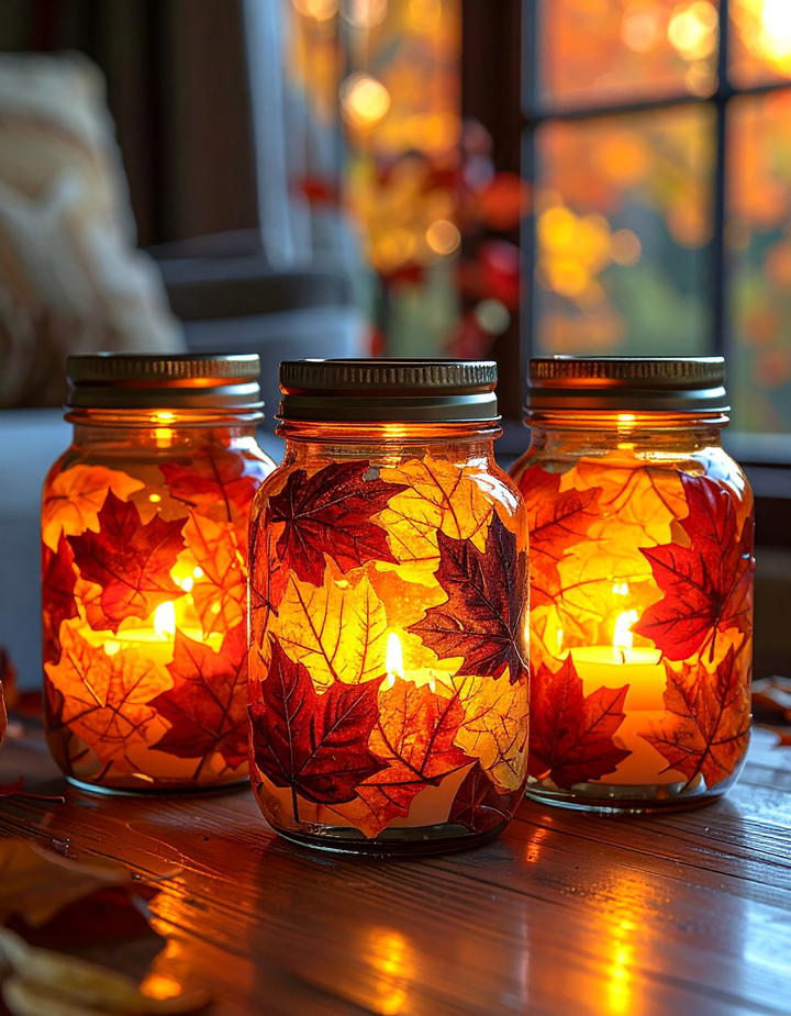 Mason Jar Leaf Luminaries - 50 fall leaves decor ideas