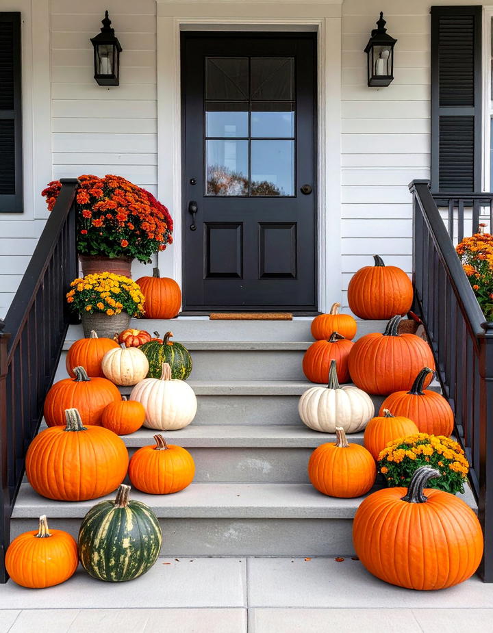 Mixed Height Pumpkin Steps - 50 fall front door decor ideas