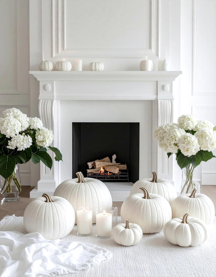 Monochromatic White Fall Theme - 50 fall fireplace decor ideas