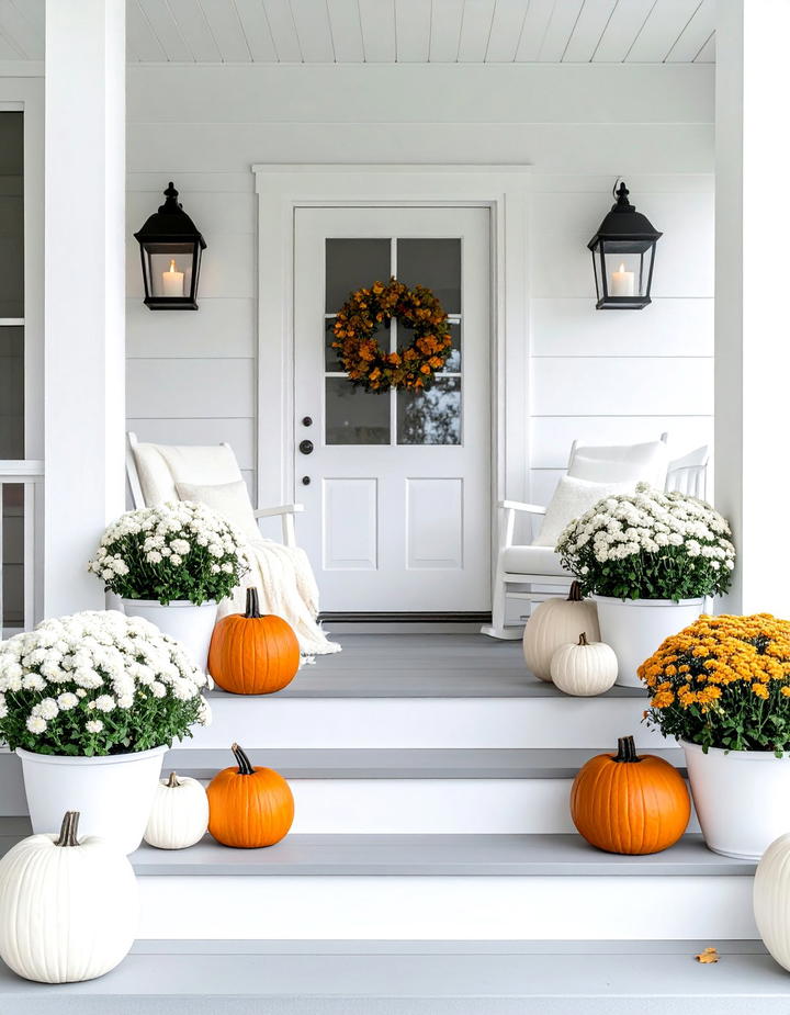 Monochromatic White Pumpkin Display - 50 modern fall porch decor ideas