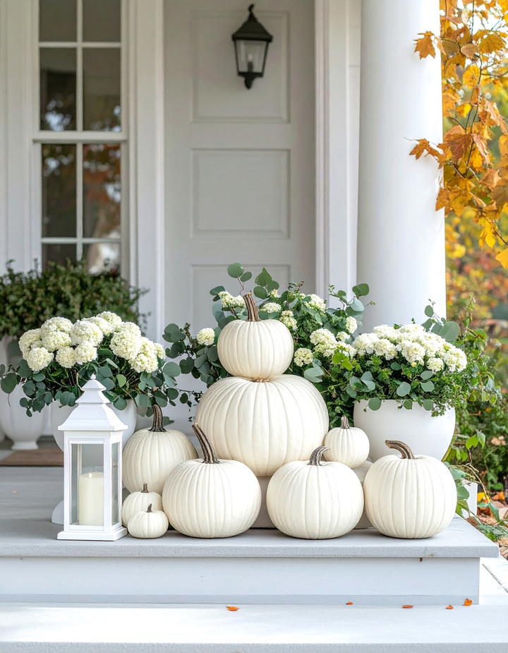 Monochromatic White Pumpkin Elegance Porch - 50 fall porch decor ideas