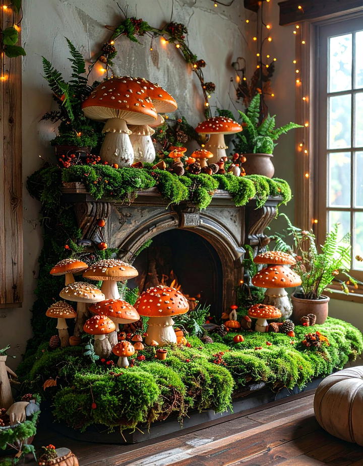 Moss and Mushroom Mantel Display - 50 fall mantel decor ideas