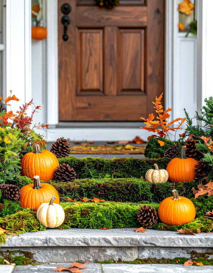 Moss and Pumpkin Woodland Display - 50 fall front door decor ideas