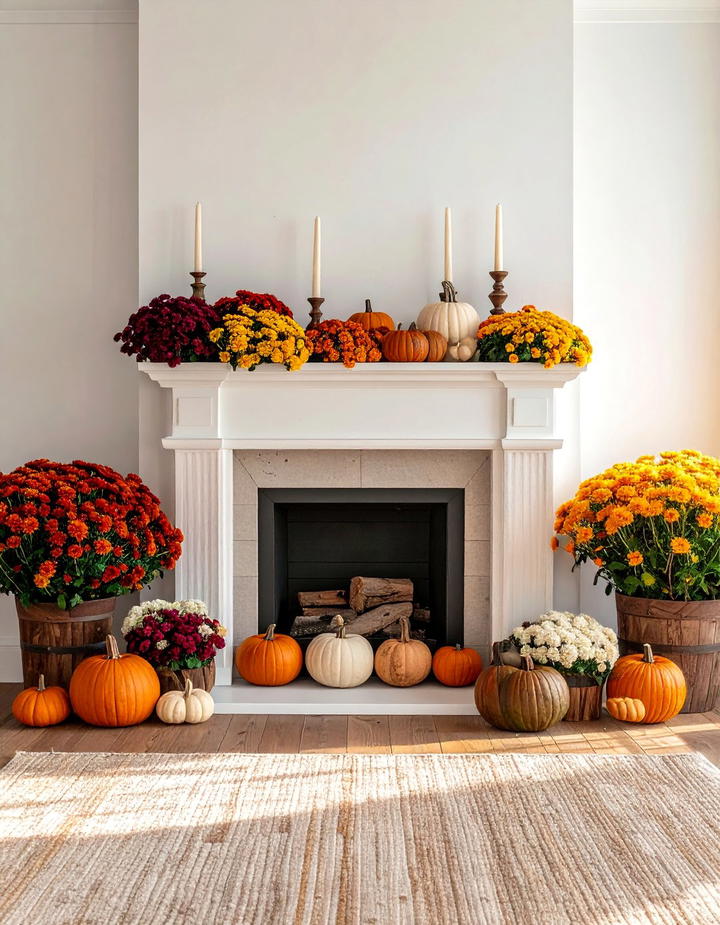 Mum Flower Display - 50 fall fireplace decor ideas
