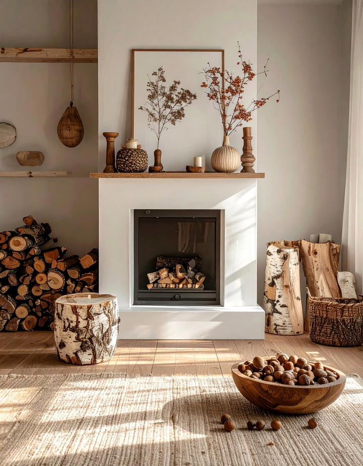 Natural Wood and Bark Elements - 50 fall fireplace decor ideas
