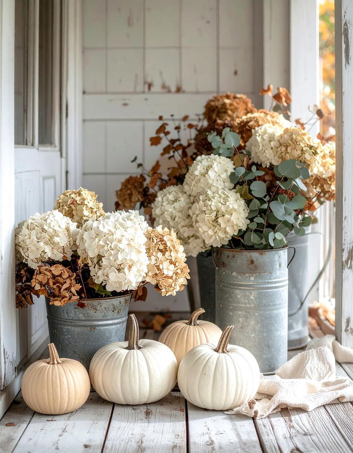 Neutral Fall with Dried Hydrangeas Porch - 50 fall porch decor ideas
