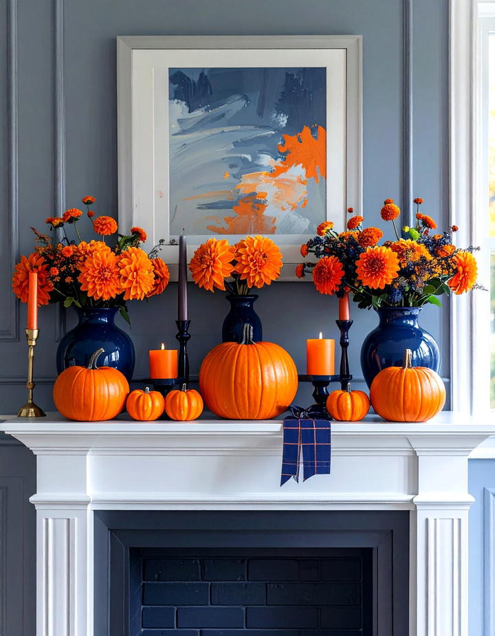Orange and Navy Blue Mantel - 50 fall mantel decor ideas