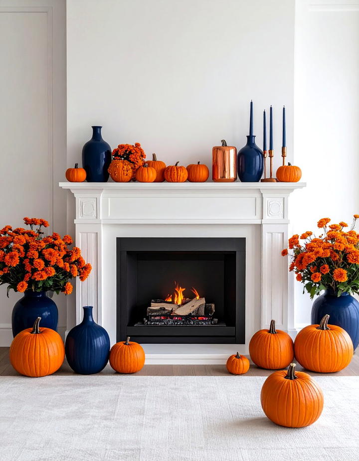 Orange and Navy Contrast - 50 fall fireplace decor ideas