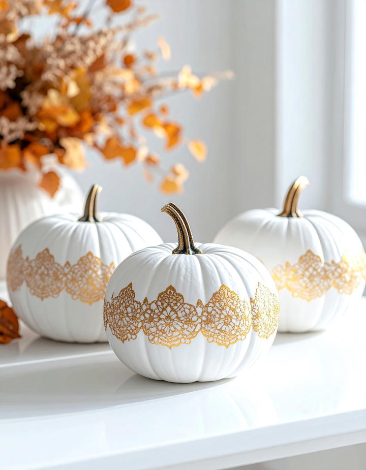Painted Lace Pattern Pumpkins - 50 fall pumpkin decor ideas