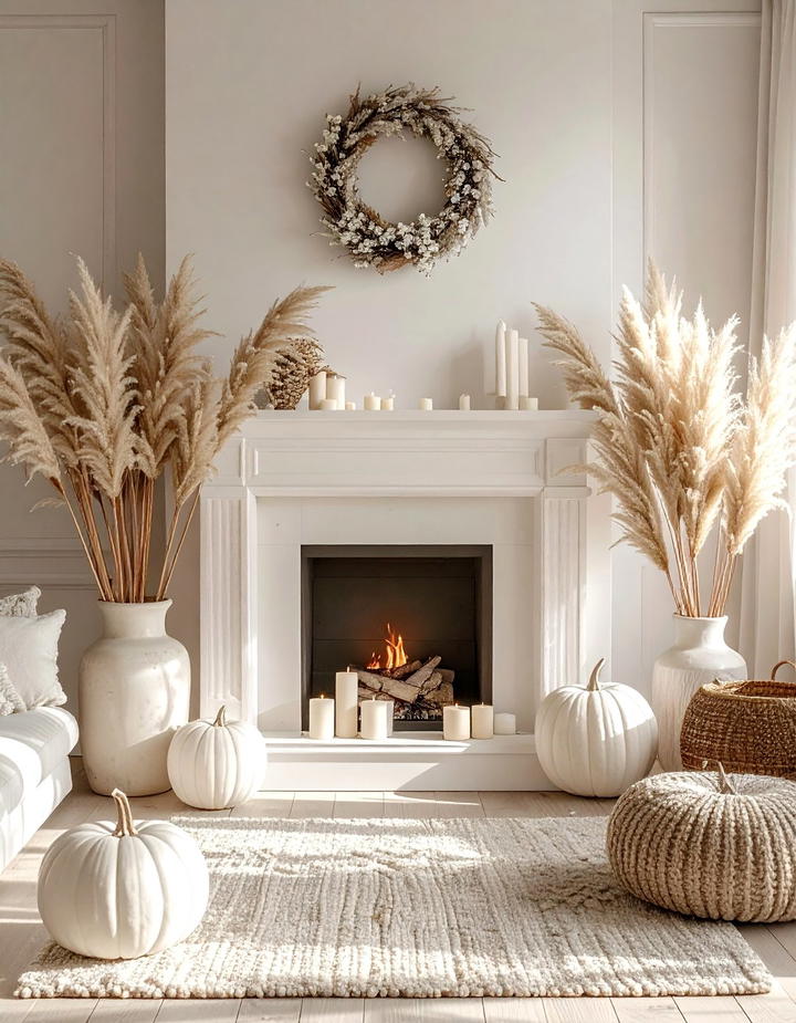 Pampas Grass and Neutrals - 50 fall fireplace decor ideas