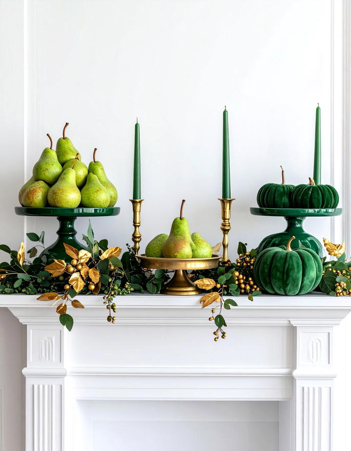 Pear and Green Mantel Display - 50 fall mantel decor ideas
