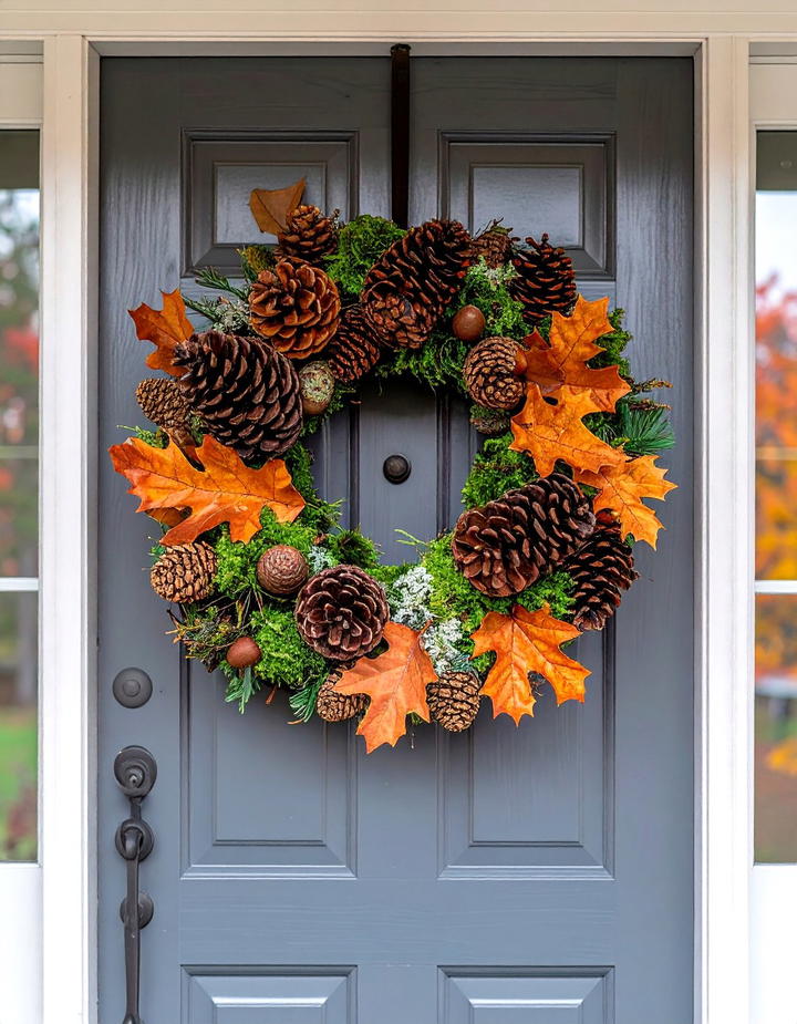 Pinecone and Acorn Wreath - 50 fall front door decor ideas