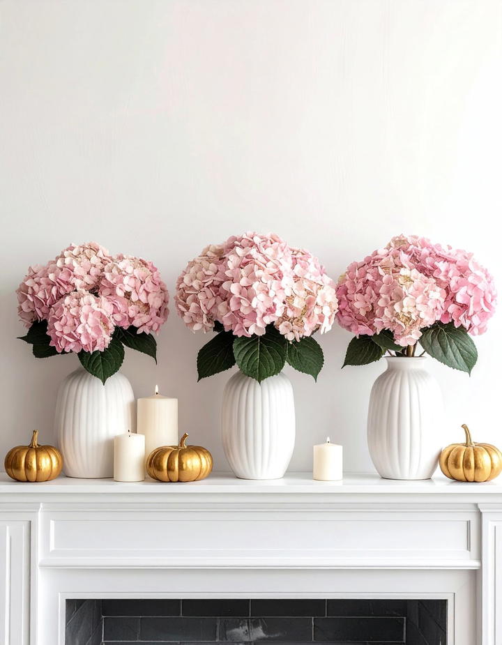 Pink Hydrangea Mantel - 50 pink fall decor ideas