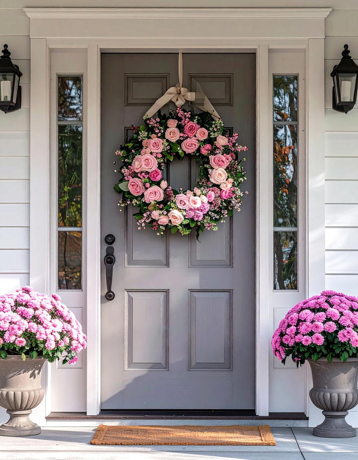 Pink Wreath Front Door - 50 pink fall decor ideas
