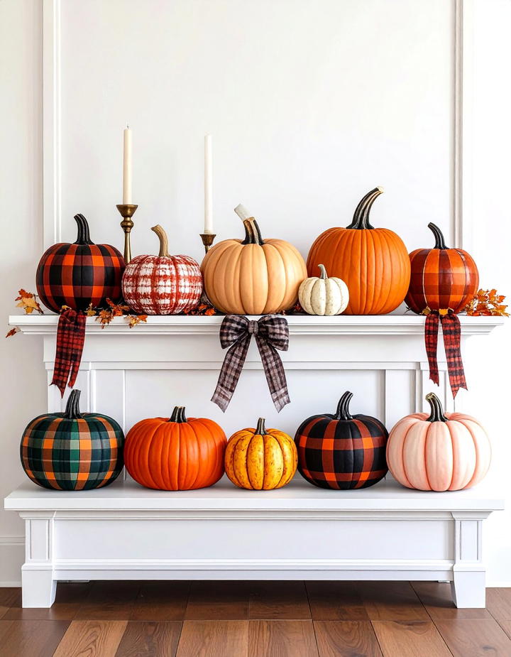 Plaid Pumpkin Mantel Display - 50 fall mantel decor ideas