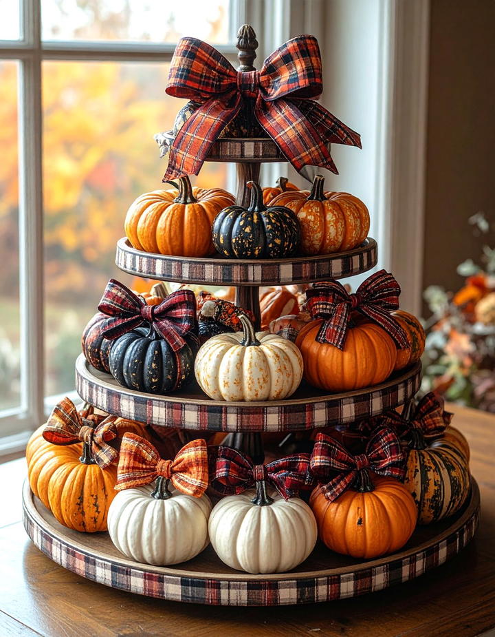 Plaid Ribbon Cascade - 50 fall tiered tray decor ideas