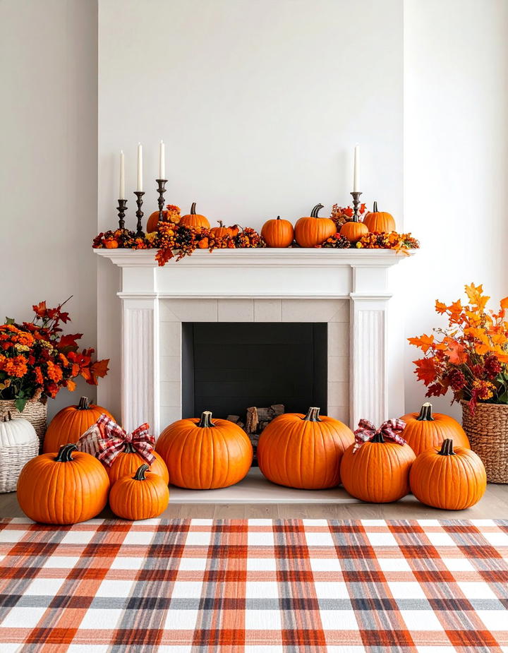 Plaid Ribbon Pumpkin Theme - 50 fall fireplace decor ideas