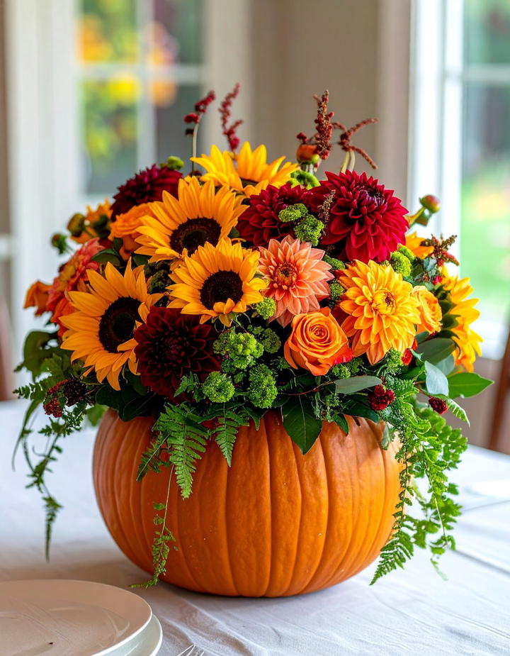 Pumpkin Flower Vase Arrangement - 50 fall pumpkin decor ideas
