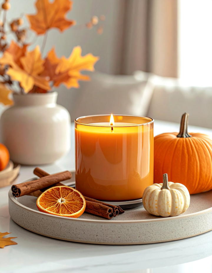 Pumpkin Spice Candle and Pumpkin Vignette - 50 fall pumpkin decor ideas