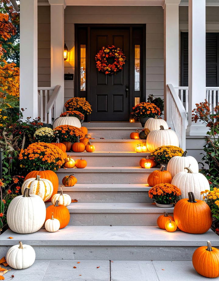 Pumpkin Staircase Runner - 50 modern fall porch decor ideas