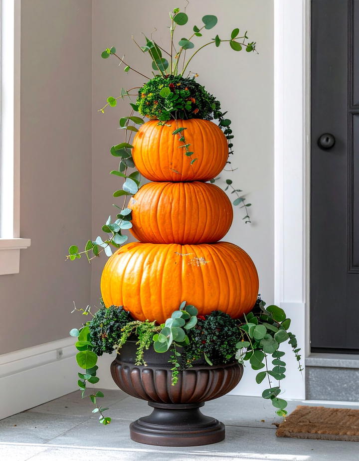 Pumpkin Topiary Stacked Display - 50 fall pumpkin decor ideas