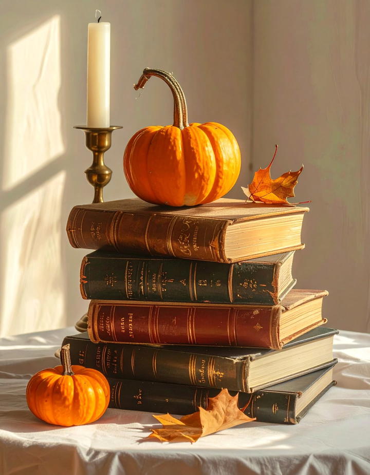 Pumpkin and Antique Book Stack - 50 fall pumpkin decor ideas