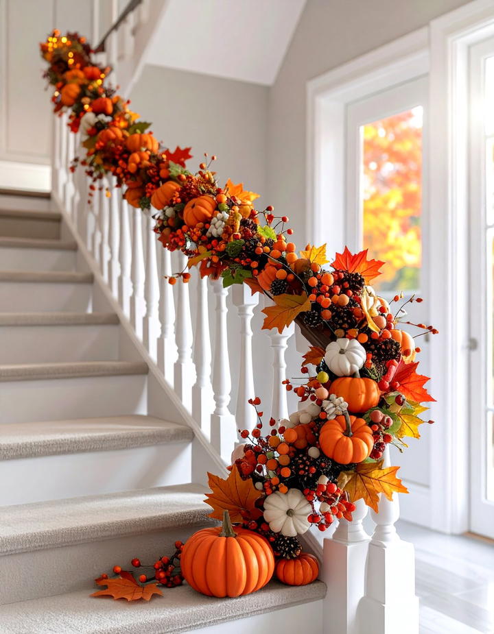 Pumpkin and Berry Garland Staircase - 50 fall pumpkin decor ideas