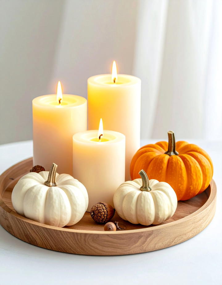 Pumpkin and Candle Tray Display - 50 fall pumpkin decor ideas