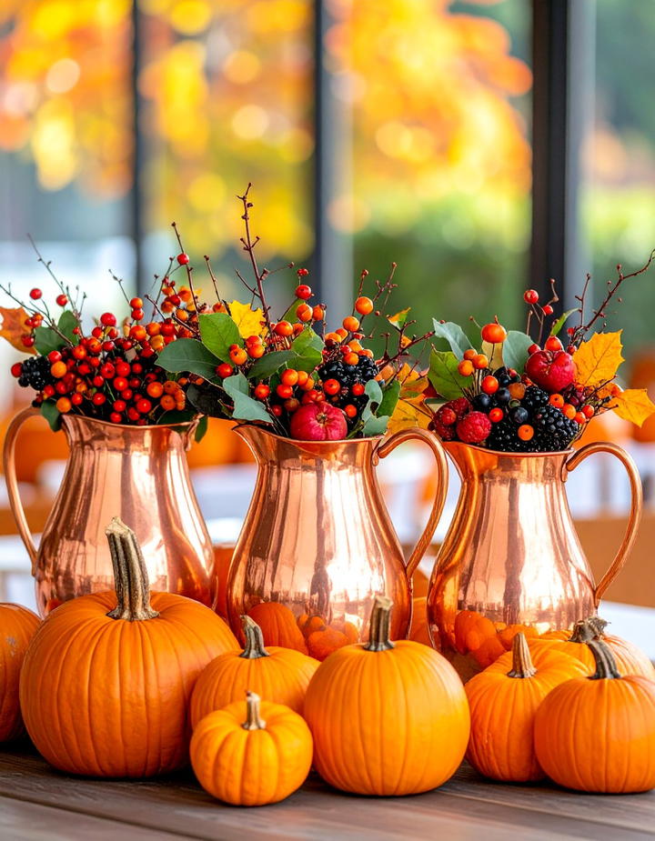 Pumpkin and Copper Pitcher Arrangement - 50 fall pumpkin decor ideas