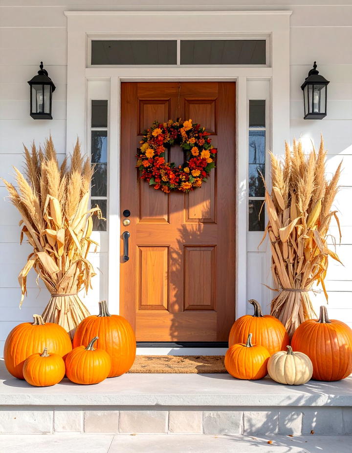 Pumpkin and Corn Stalk Doorway Display - 50 fall pumpkin decor ideas